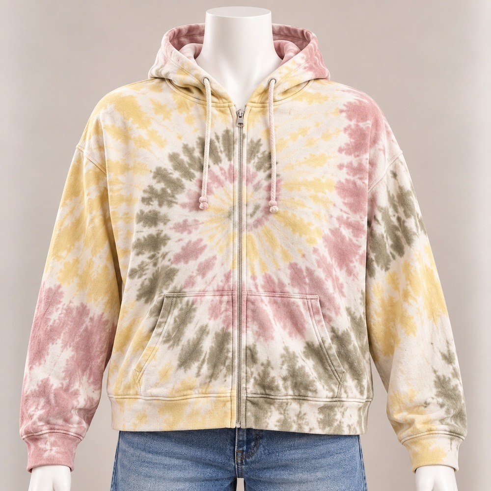 Old Navy Zip Hoodie Womens Large Multi Tie Dye Cropped Relaxed Sweatshirt